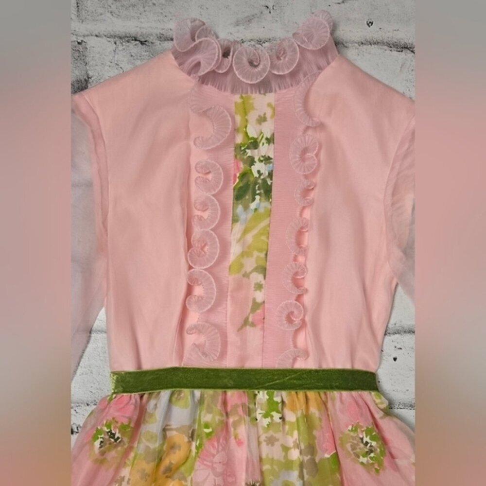 Vintage 60s Sylvia Ann Floral Maxi Dress – Sheer Sleeves & Velvet Trim XS - Picture 5 of 13